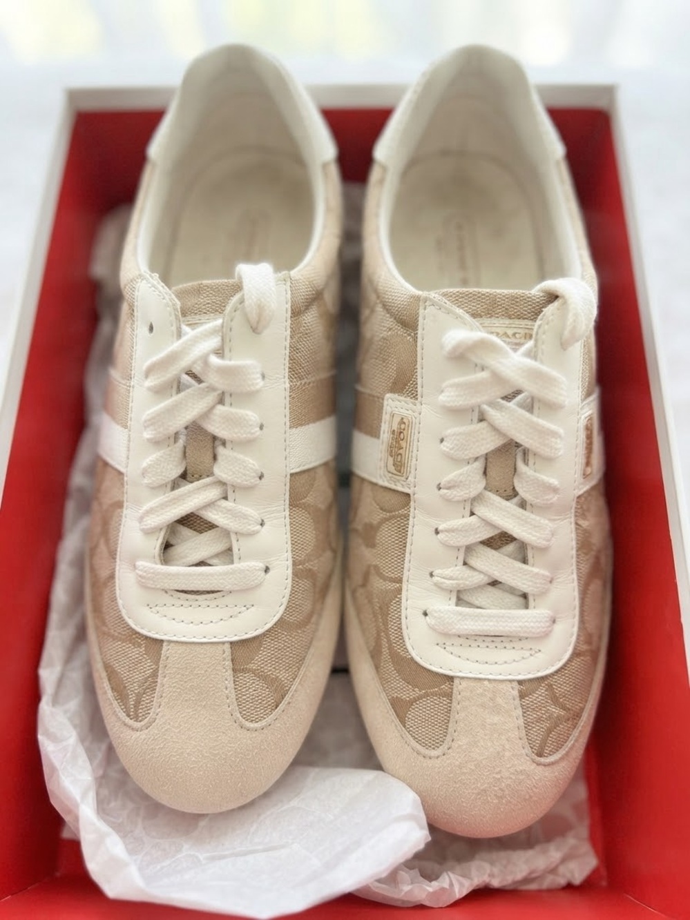 COACH Joss Signature C Monogram Beige & White Suede Trim Sneakers Size 8 M